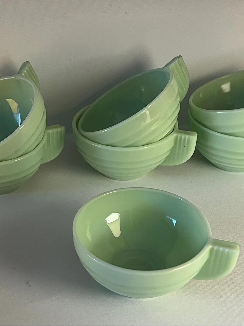 Vintage Jadeite Cup Set 7 Art Deco Style Ribbed Milk Glass Coffee Cups - FRANCE